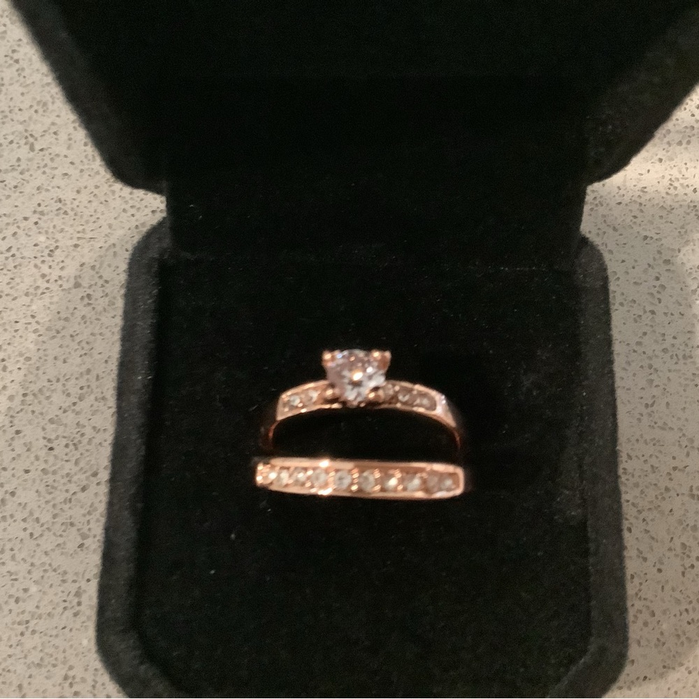 Rings, bridal set, rose gold plated silver, diamonds with accents, lab created